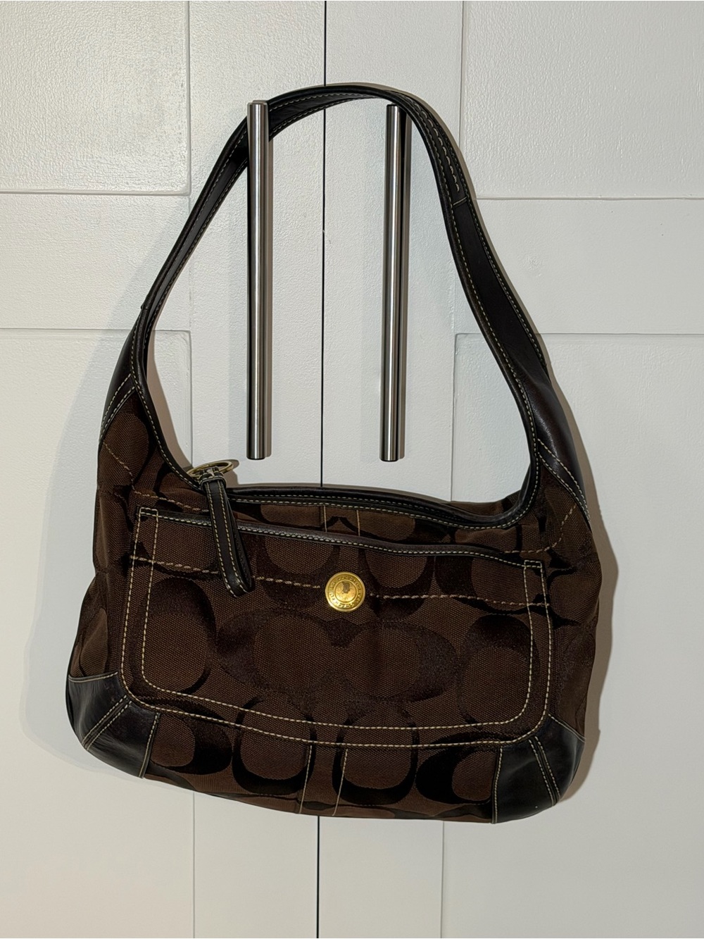 Coach Dark Brown Signature Canvas Shoulder Bag with Leather Trim and Dust Bag
